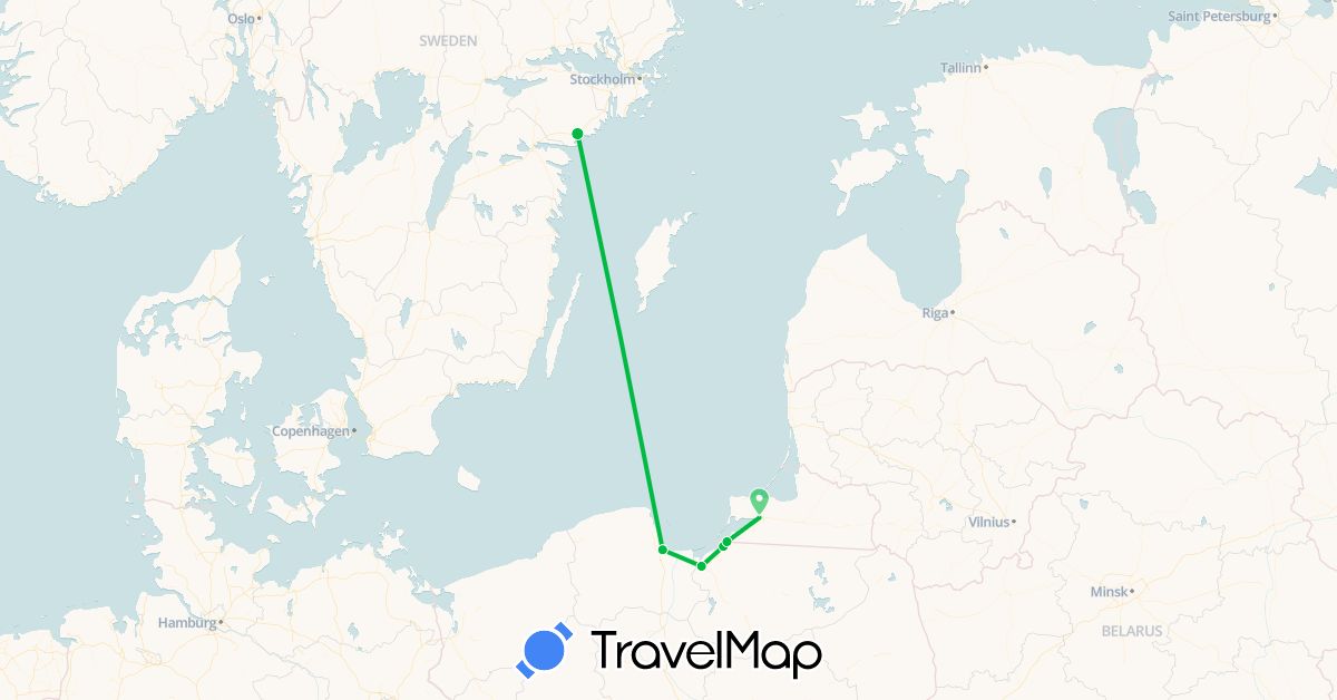 TravelMap itinerary: bus, plane in Poland, Russia, Sweden (Europe)