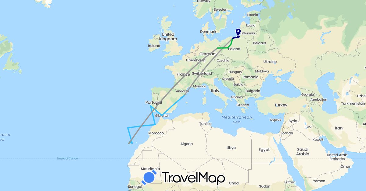 TravelMap itinerary: driving, bus, plane, boat in Germany, Spain, Gibraltar, Morocco, Poland, Portugal, Russia (Africa, Europe)