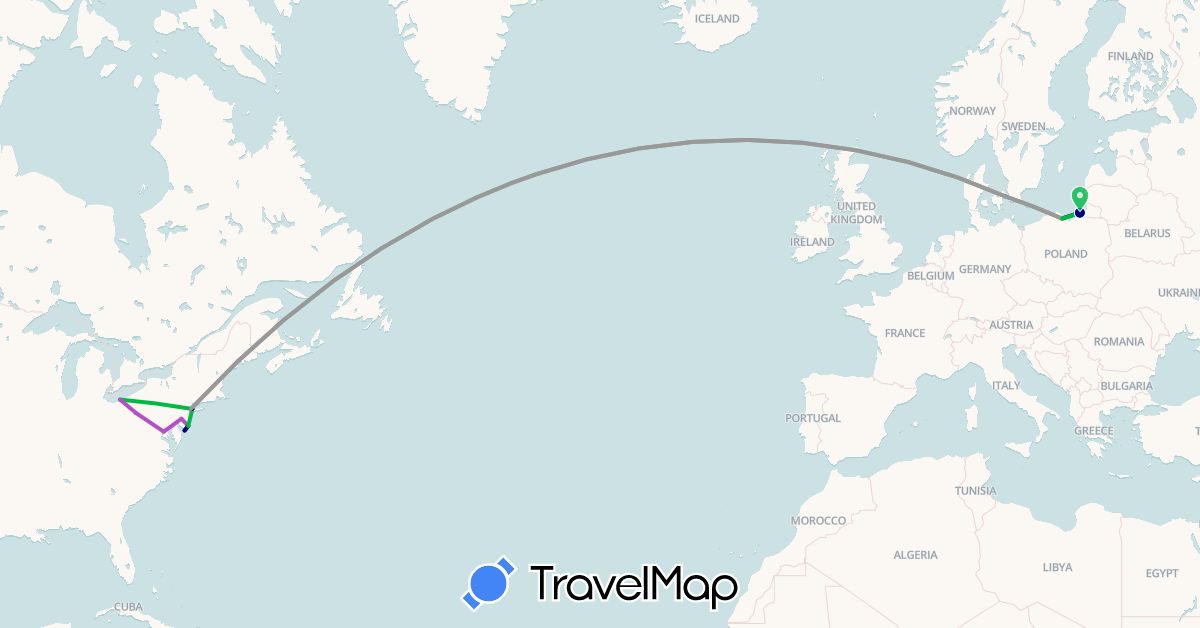 TravelMap itinerary: driving, bus, plane, train in Denmark, Poland, Russia, United States (Europe, North America)